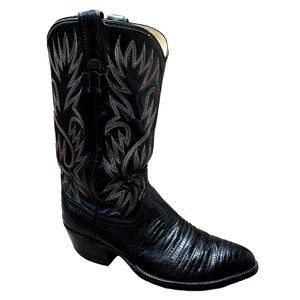 Vtg 1970s Dan Post Men Exotic Teju Lizard Western Boots Black Leather Sz 9 D